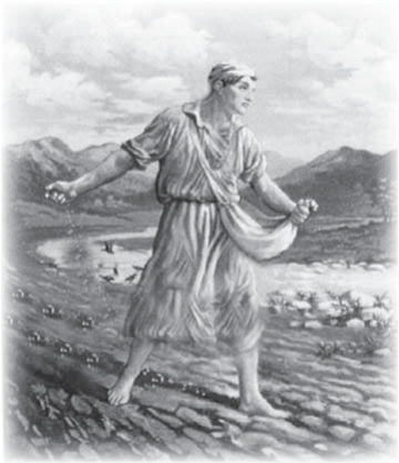 Illustration of a person scattering seed in a field