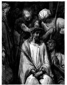 Jesus seated while men press a crown of thorns onto his head.