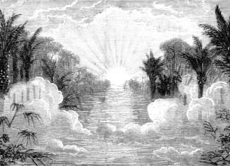 Illustration of a radiant light over water, clouds, trees, and distant buildings.