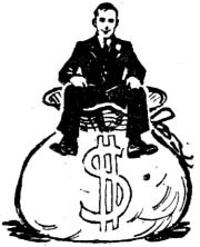 Illustration of a seated man on a large money bag marked with a dollar sign.