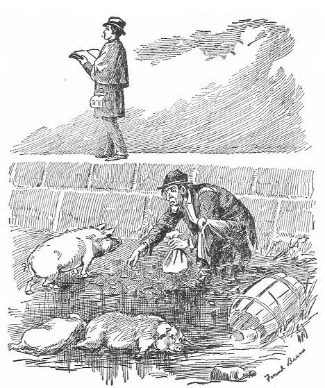 An illustration showing a young man above and a ragged man among pigs below.