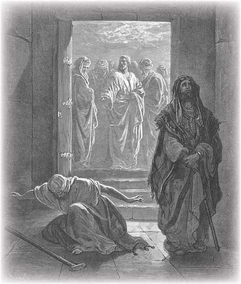 The publican kneeling before God while another man stands nearby