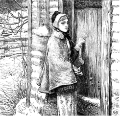 A young woman standing at a wooden door with her hand raised to knock.