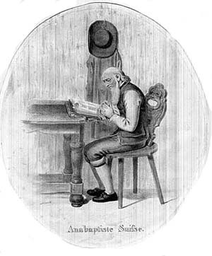 Historical drawing of a seated Swiss Anabaptist reading at a table