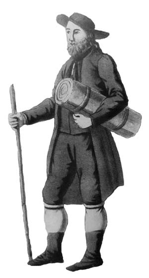 Historical drawing of an Anabaptist weaver and preacher carrying a roll of cloth
