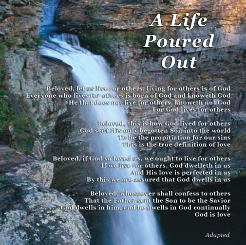 A waterfall among rocks with the printed poem A Life Poured Out.