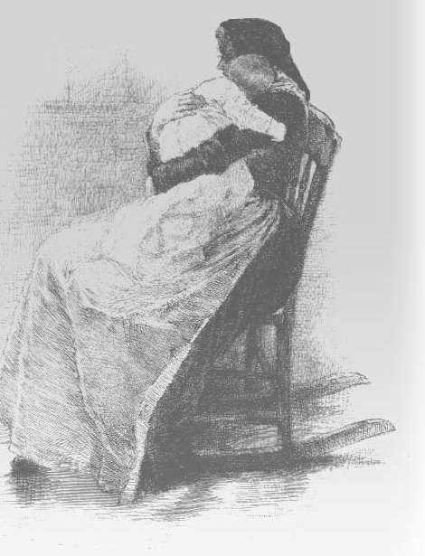 A seated mother holding a baby