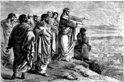 An illustration of Jesus and a group of men looking toward a distant city.