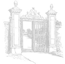 A pale illustration of an ornate open gateway.