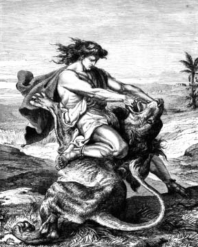 A man wrestling with a lion.