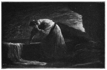 Illustration of a robed figure in a rocky tomb