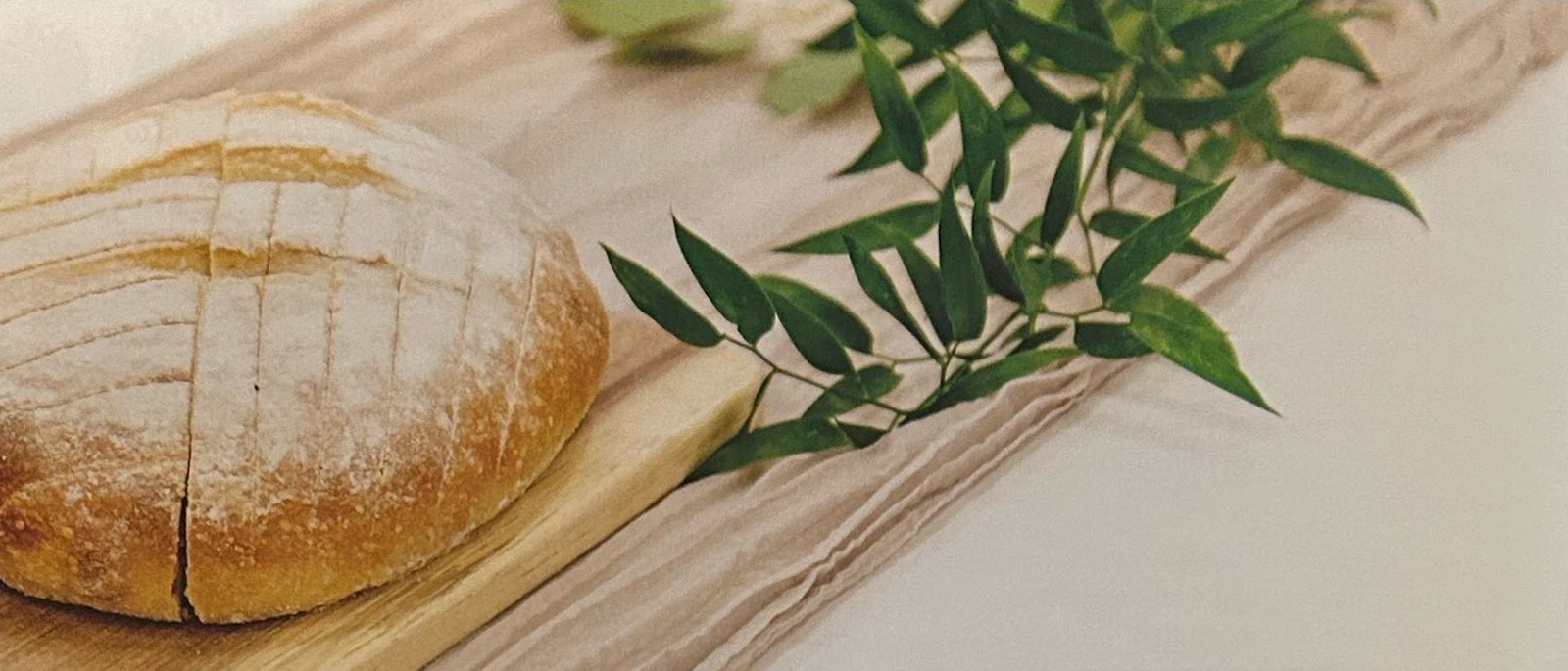 A round loaf of bread on a wooden board beside green foliage.