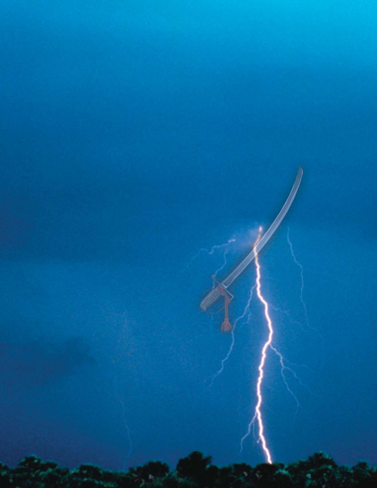 A sword over blue storm clouds and lightning above a dark tree line.