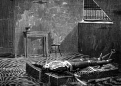 A prisoner stretched on a rack in a stone chamber