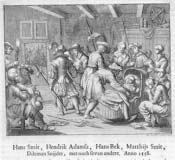 Prisoners and armed men gathered in a courtroom