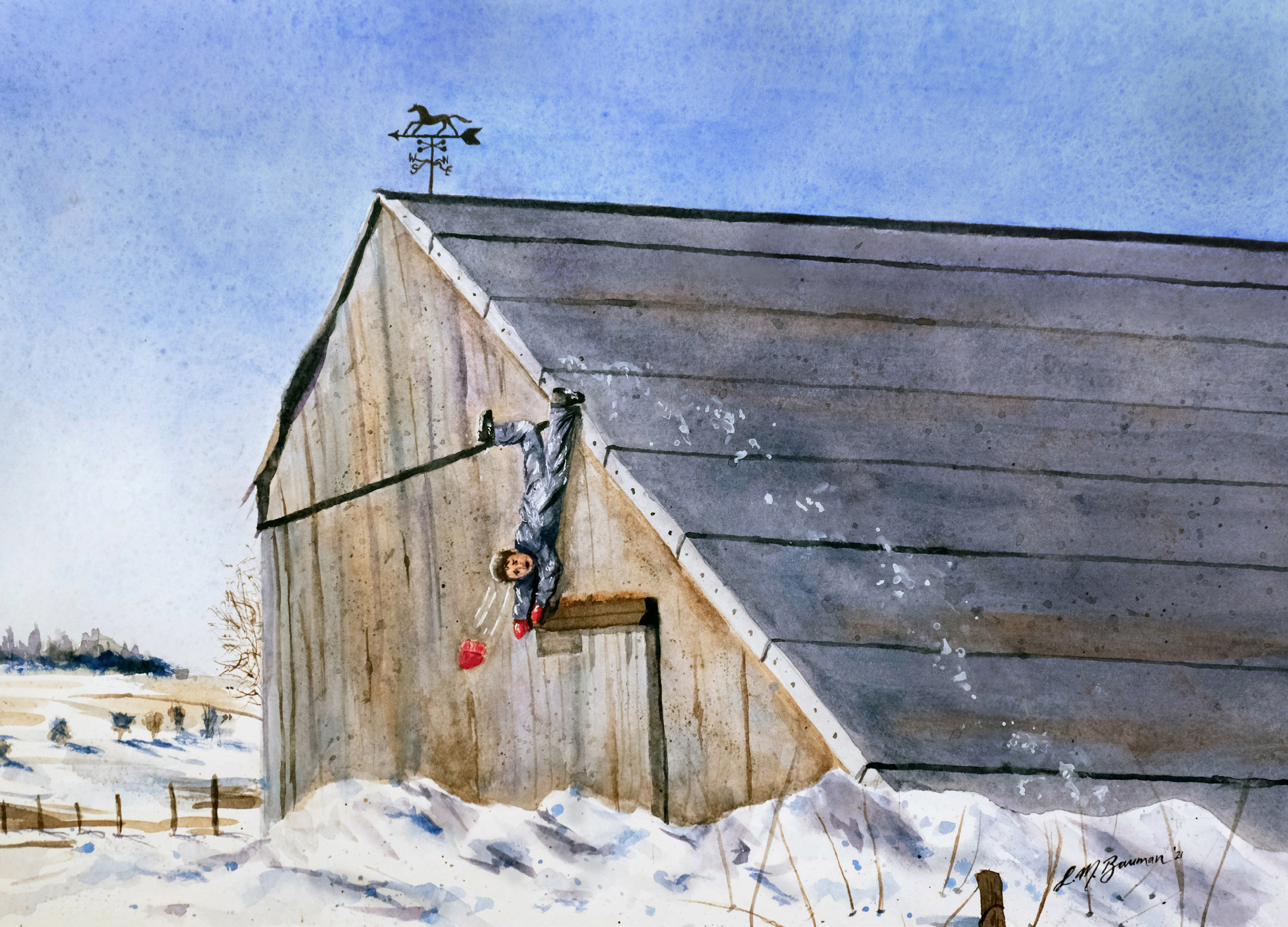 Watercolor painting of a boy hanging upside down from a snowy shed roof