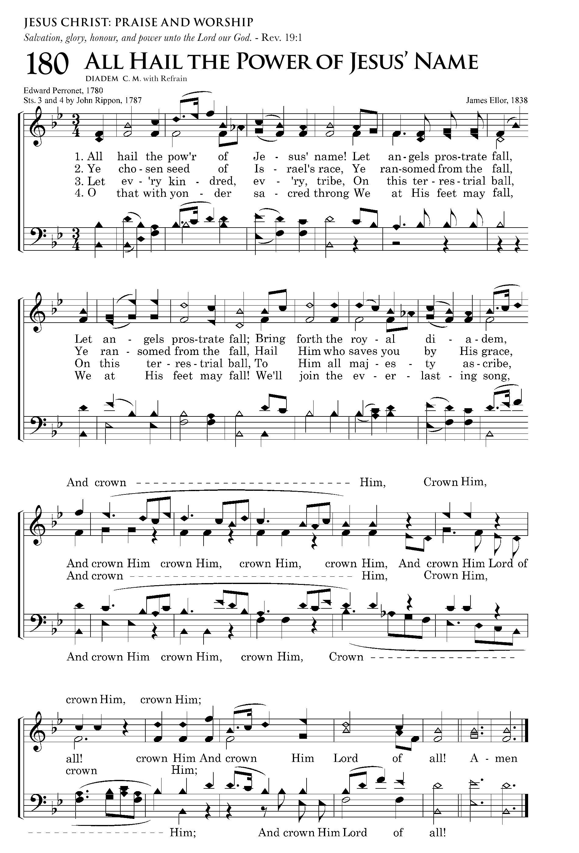 Sheet music for All Hail the Power of Jesus’ Name, tune DIADEM C. M. with Refrain