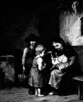 An illustration of a seated mother with a baby and two children.