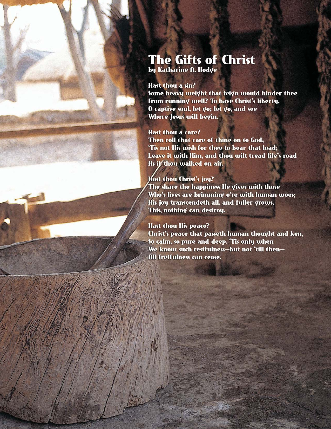 A wooden vessel and long pestle beside a sunlit window, with the poem printed over the photograph