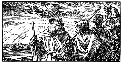 Woodcut of travelers on a rocky path