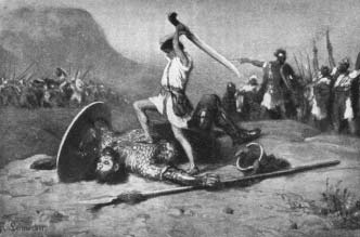 A young man raises a sword over a fallen armored man as others watch.