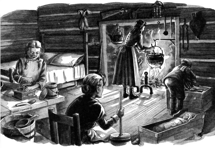 A family works inside a log cabin beside a hearth and a baby's cradle
