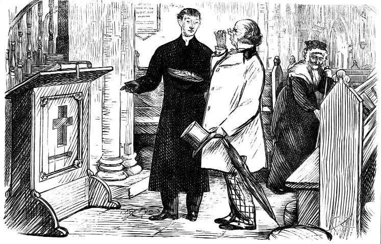 Illustration of men standing and sitting in a church