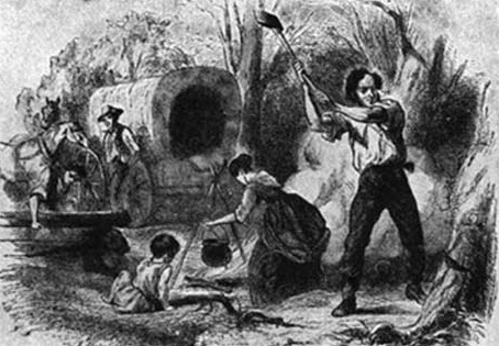 Illustration of a family and a covered wagon beside a tree