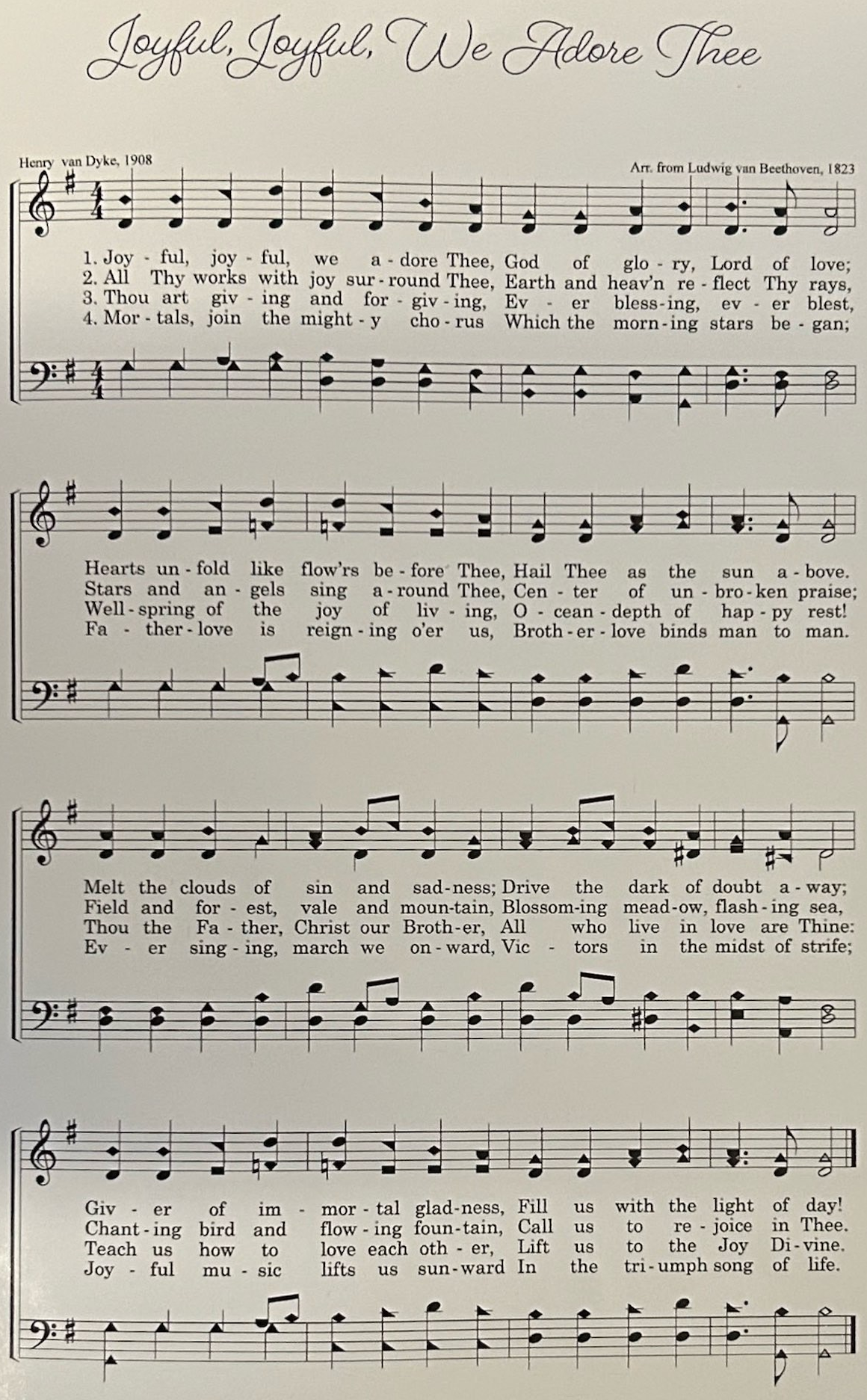 The published four-stanza shape-note score of Joyful, Joyful, We Adore Thee, with words by Henry van Dyke, 1908, and arrangement from Ludwig van Beethoven, 1823.
