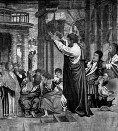 Illustration of a man preaching to a gathered crowd.