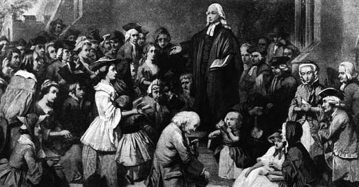 Illustration of a standing preacher addressing a gathered crowd