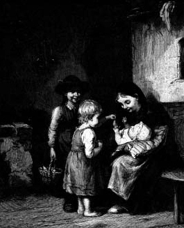 An illustration of a seated mother with a baby and two children.