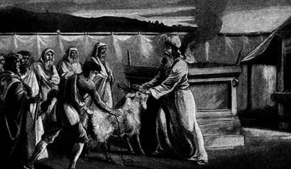 A robed man places his hands on a goat while other people stand nearby
