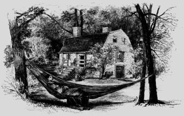 Illustration of a person resting in a hammock beneath trees beside a house