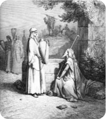 Two robed figures beside a stone well.