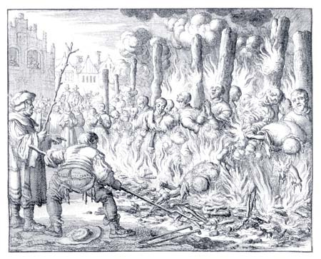A historical illustration of people being martyred by fire