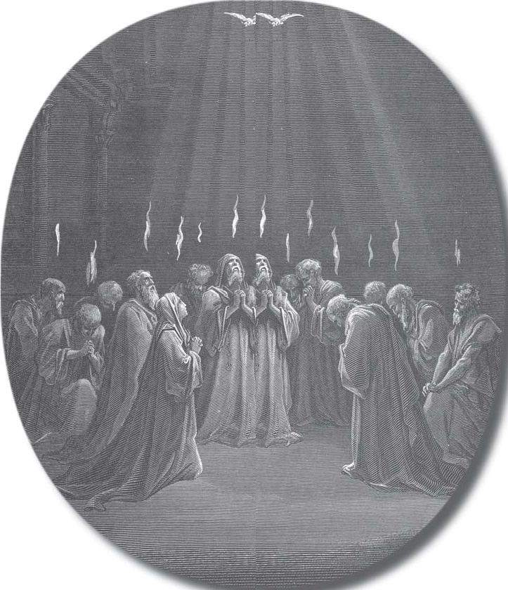 Engraving of believers receiving the Holy Spirit at Pentecost
