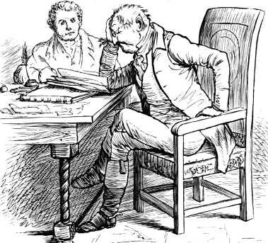 Two men sitting beside a table with books.