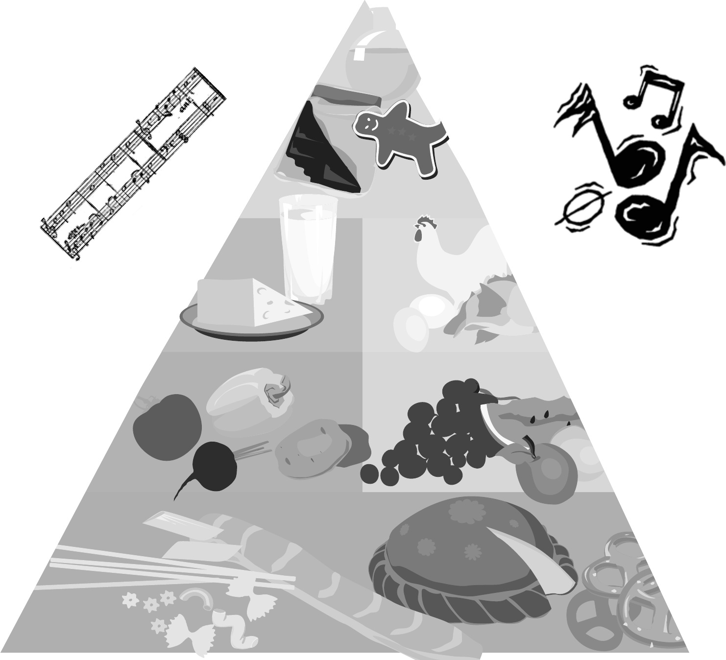A food pyramid illustration flanked by musical notation