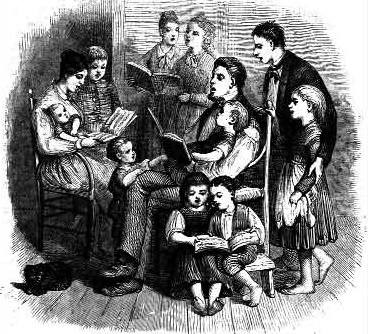 A family gathered around singing from books