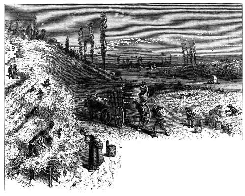 People in a wintry landscape near a horse and cart