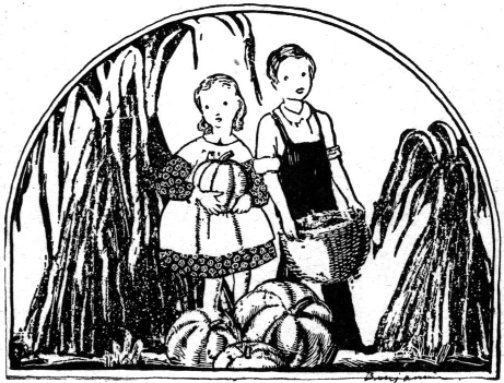Two children carrying baskets among large plants