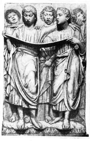 Five figures singing from a long open book