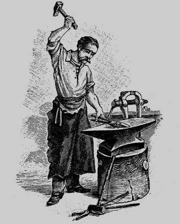 A blacksmith raising a hammer over an anvil.