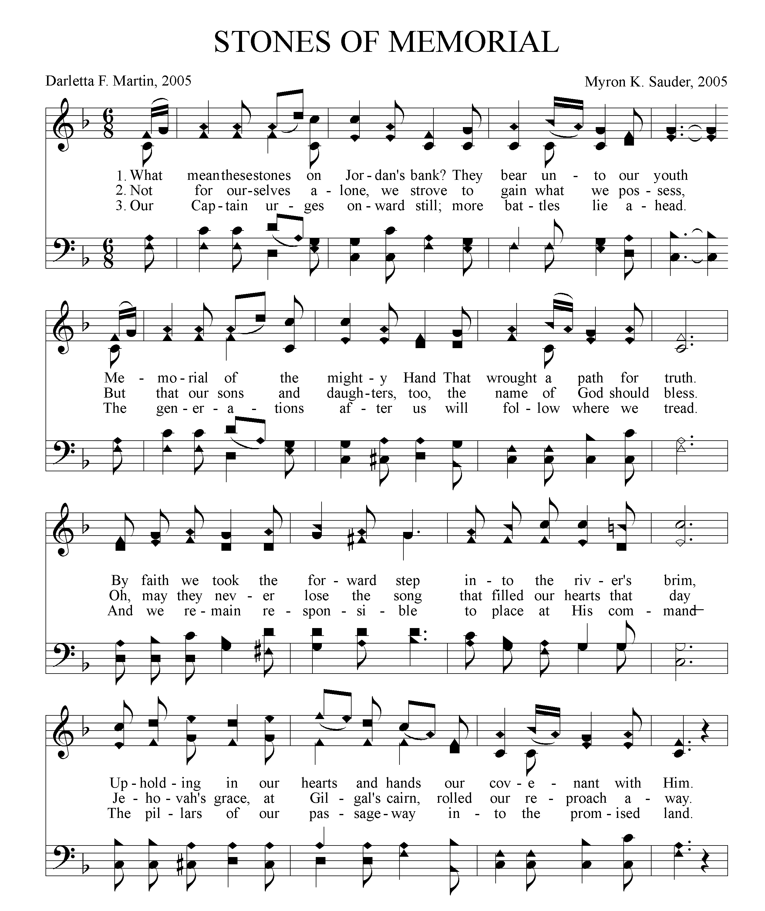 Printed score and three verses of Stones of Memorial