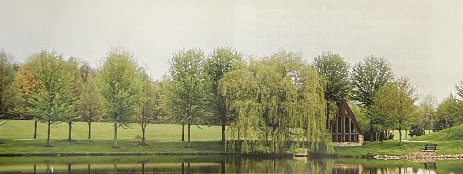 Trees and a small building beside a pond.