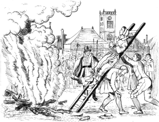 Engraving of a person bound to a ladder being lowered toward a fire while people watch.