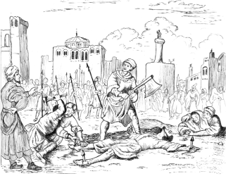 Engraving of an execution scene with figures and an axe in a town square.