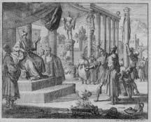 Engraving of prisoners brought before a seated Roman official.