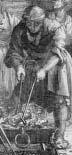 Engraving detail of a man holding torture implements.